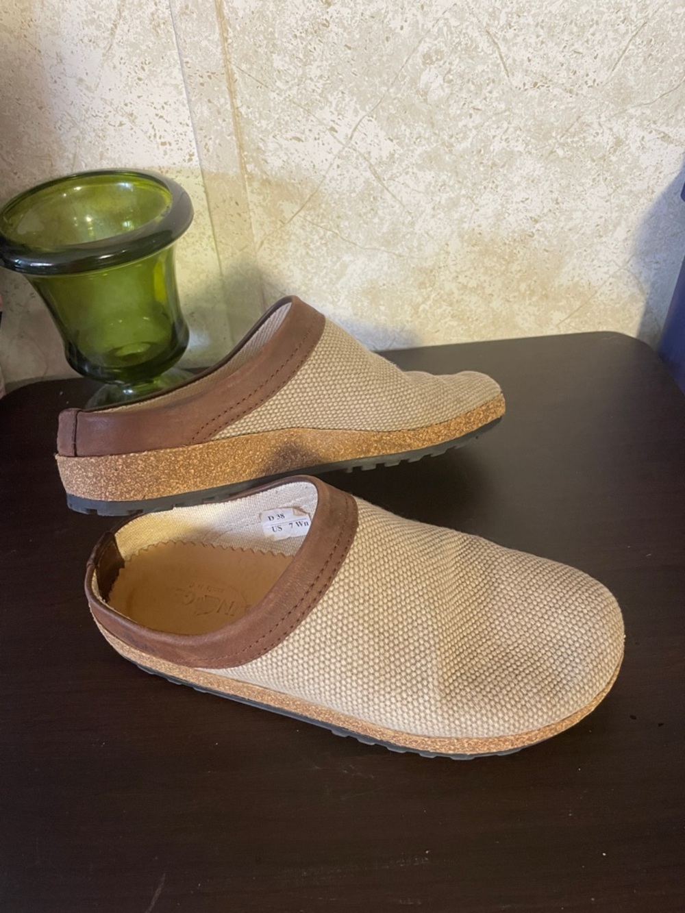 Haflinger WomenyBeige Canvas Slip-On Clogs with Brown Trim